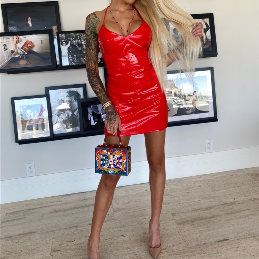 David Koma red patent mini dress